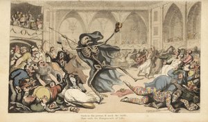 Het skelet van de Dood veroorzaakt een oproer onder de harlekijnen, jockeys, nonnen, Turken en dwazen op een gemaskerd bal. Handgekleurde kopergravure getekend en gegraveerd door Thomas Rowlandson uit The English Dance of Death, Ackermann, Londen