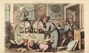 Het skelet van de Dood komt met zijn pijl voor een schoolmeester terwijl hij astronomie onderwijst aan een klas kinderen die in paniek vluchten. Handgekleurde kopergravure getekend en gegraveerd door Thomas Rowlandson uit The English Dance of Death, Ackerm
