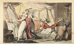 Het skelet van de Dood met zijn zandloper komt voor een mooie coquette in haar slaapkamer terwijl ze wordt aangekleed voor een bal door haar bedienden. Dood is gekleed in rokjas en pruik als een vrijer. Handgekleurde kopergravure getekend en gegraveerd doo door Thomas Rowlandson