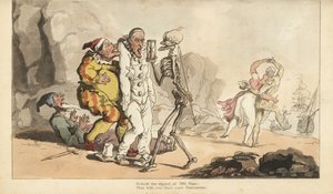 De skelet van de Dood met zandloper en pijl komt voor een Pierrot en andere clowns, terwijl een harlekijn danst met een vrouw op een strand door Thomas Rowlandson