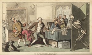 De staatsman in zijn kantoor wordt verrast door het skelet van de Dood met zijn kroon en speer die achter een scherm tevoorschijn komt door Thomas Rowlandson
