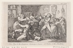 Tom Jones & de Herbergier, Partridge & Susan, Mrs Waters & de Herbergierster, uit The History door Thomas Rowlandson