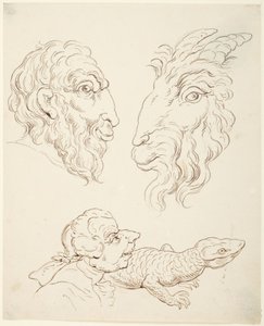 Twee karikaturen: man en geit, man en hagedis door Thomas Rowlandson