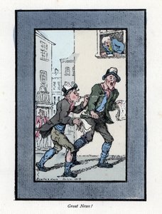 Twee krantenverkopers met lange fluitjes die kranten verkopen in een straat in Londen. Houtsnede, gebaseerd op een schilderij door Thomas Rowlandson (1756-1827), gepubliceerd in The Cris of London: met zes charmante kinderen en bijna 40 illustraties, door 