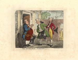 Bezoekende heren geweigerd toegang tot een huis door een bediende door Thomas Rowlandson