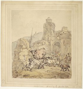 Het drenken van vee door Thomas Rowlandson