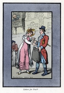 Vrouw betaalt en stopt een brief in een tas gedragen door een medewerker van de Britse Royal Post Office (houtsnede gebaseerd op een schilderij van Thomas Rowlandson) door Thomas Rowlandson