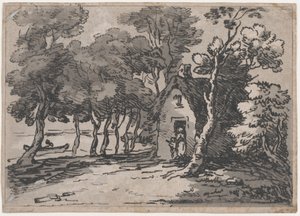 Bosrijke scène met figuren bij de deur van een huisje, 1783-88
