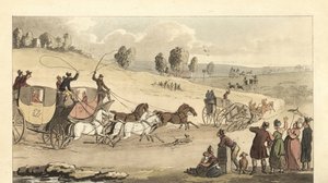 Jonge Engelse heren die vierspan koetsen racen op een weg door Thomas Rowlandson