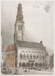 Pittoreske architectuur in Parijs, Gent, Antwerpen, Rouen: Het stadhuis, Arras, Frankrijk door Thomas Shotter Boys