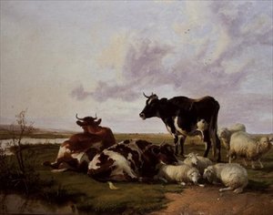 Runderen en schapen aan het grazen door Thomas Sidney Cooper