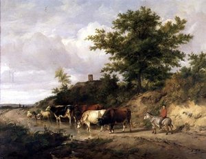 Bosrijk landschap met een jongen op een ezel en vee bij een doorwaadbare plaats