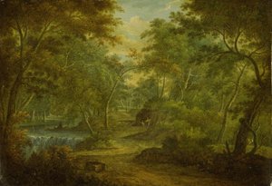 Een bebost landschap met een stroom en een visser
