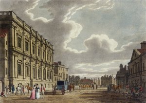 Whitehall, Westminster in Londen (gekleurde aquatint) door Thomas Snr. Malton