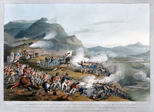 Een uitzicht op de Sierra de Busaco bij St. Antonio de Cantaro, met de aanval door maarschalk Reigniers, gegraveerd door Charles Turner, gepubliceerd 1812