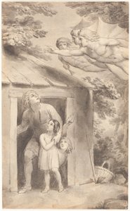 Peter en zijn kinderen bezocht door drie vliegende figuren door Thomas Stothard
