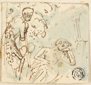 Schets van man leunend op staf, kijkend naar slapende vrouw door Thomas Stothard