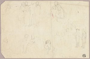 Schetsen voor Tristram Shandy (recto); Schetsen van Medaillon met Zittende Allegorische Figuur (verso) door Thomas Stothard