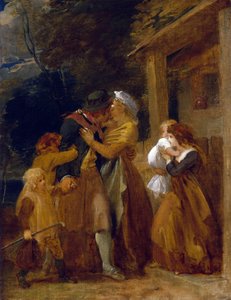 De terugkeer van de zeeman, hereniging met zijn familie op de drempel van zijn huisje