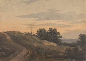 Heuvelachtig landschap met huis, pad en figuren