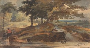 Landschap met heuvel met bomen, figuur te paard