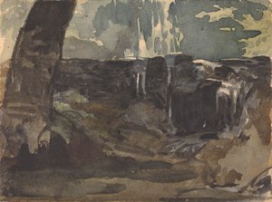 Rotsachtig landschap, grote boomstam op de voorgrond door Thomas Sully