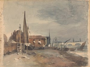 Kustscène met gebouwen en boten door Thomas Sully