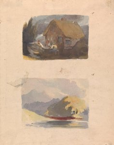 Twee tekeningen op één blad: Cottage met figuren ervoor (nr. 15); Landschap met rivier en bergen - zonneschijn (nr. 16) door Thomas Sully