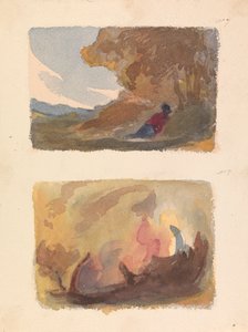 Twee tekeningen op één blad: Landschap met figuur liggend tegen heuvel - Titian en Venetiaanse school (nr. 7); Landschap - Verscheidenheid aan aquarelwassen (nr. 8)