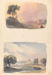 Twee Tekeningen op Eén Blad: Landschap met Bergen in de Verte en Zittende Figuren op de Voorgrond (nr. 1); Landschap met Rivier en Gebouw, Bergen in de Verte (nr. 2) door Thomas Sully