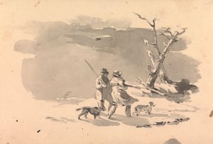 Twee jagers en twee honden in winterscène door Thomas Sully