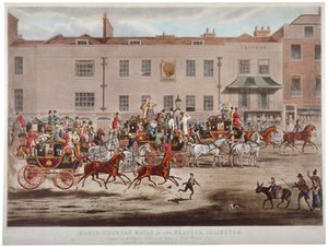 Postkoetsen voor de Peacock Inn op Islington High Street, Londen