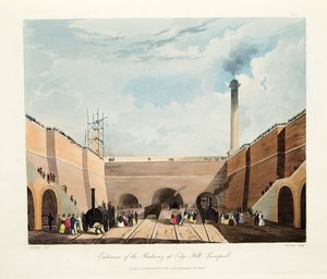 Ingang van de Spoorweg bij Edge Hill, Liverpool (handgekleurde gravure) door Thomas Talbot Bury
