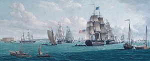 Het Amerikaanse schip Franklin, met een uitzicht op de baai van New York, 1820s of 1830s door Thomas Thompson