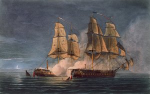 Verovering van de Thetis door HMS Amethyst, 10 november 1808, gegraveerd door T. Sutherland voor 