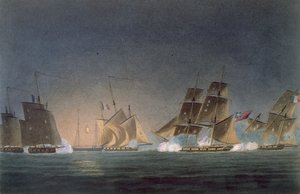 HMS Rinaldo in gevecht met vier Franse Kapers, gegraveerd door J. Bailey voor 