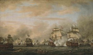 De slag bij de Saintes, 12 april 1782. HMS Barfleur valt het Franse vlaggenschip Ville de Paris aan