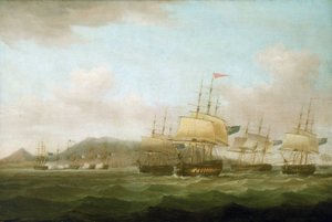 De verovering van Saint Paul, nabij Bourbon Island (nu Reunion Island) door de Britse vloot, 21 september door Thomas Whitcombe