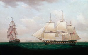Twee Oost-Indiëvaarders voor een kust, Thomas Whitcombe, c1850
