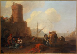 Zeehaven met torenruïne