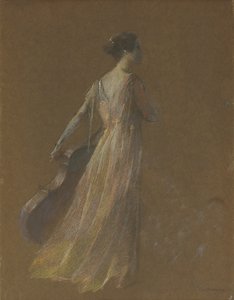 Dame staand met een cello door Thomas Wilmer Dewing