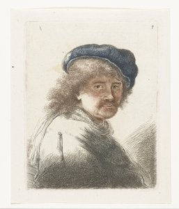 Zelfportret met een pet en sjaal met het gezicht donker: buste