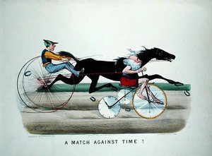 Een Wedstrijd Tegen de Tijd, race tussen een paard en vader Tijd op een fiets