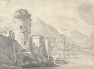 Versterkte Gebouwen die Steil Oprijzen van een Rivieroever (in Italië?) met Boot in het Midden en Verre Bergen