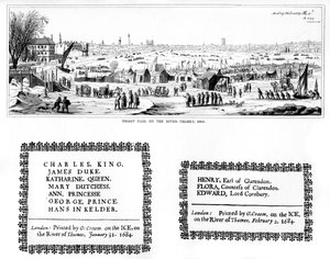 Frost fair op de rivier de Theems, en voorbeelden van drukwerk, februari 1684, 1840