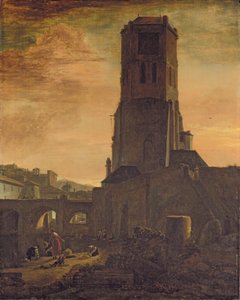 Wasvrouwen aan de voet van een toren