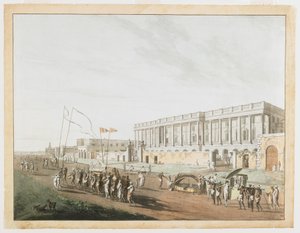 Het Nieuwe Gerechtsgebouw en Chandpam Ghaut uit de Zichten van Calcutta door Thomas und William Daniell
