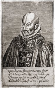 Portret van Michel de Montaigne (1533-1592), Franse schrijver. Gravure door Thomas de Leu. door Thomas de Leu