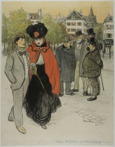 Heren kijken naar een paar dat aan het wandelen is door Théophile Alexandre Pierre Steinlen