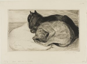 Twee katten op een kussen door Théophile Alexandre Pierre Steinlen